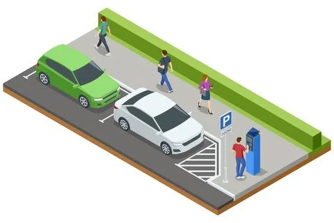 An urban parking setup shown in isometric view with multiple cars, pedestrians Stock Illustration