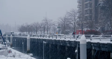 Urban path by ocean during snow storm Video stock 129783717