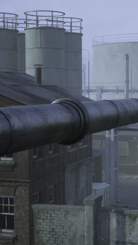 Urban pipe network in industrial area during foggy morning light Stock Footage 336395547