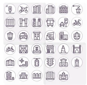 Urban PIXEL Perfect Vector Set with 35 128x128 Regular Line Icons Stock Illustration