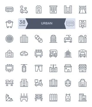 Urban PIXEL Perfect Vector Set with 42 128x128 Regular Line Icons Stock Illustration