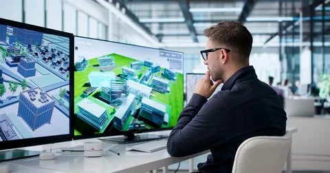 Urban Planner Studies Real-time 3D City Model For Sustainable Solutions. Stock Photos