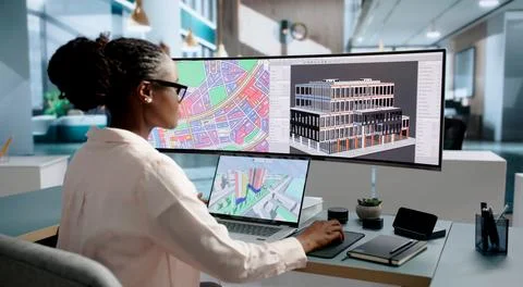 Urban Planner Uses GIS Software To Design Sustainable City Infrastructure. Stock Photos