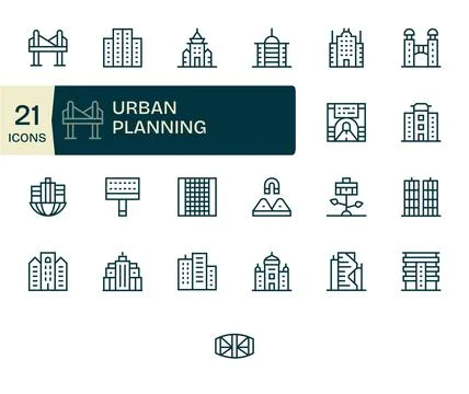 Urban Planning Digital Vector Pack containing 25 Pixel Aligned Regular Line.. Stock Illustration