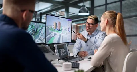 Urban Planning Team Meets Using Spatial Software To Design City Infrastructur Stock Photos