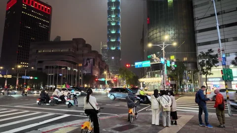 Urban Pulse at Night: Panning Through Traffic and Human Flow in City Lights Stock Footage 313107813