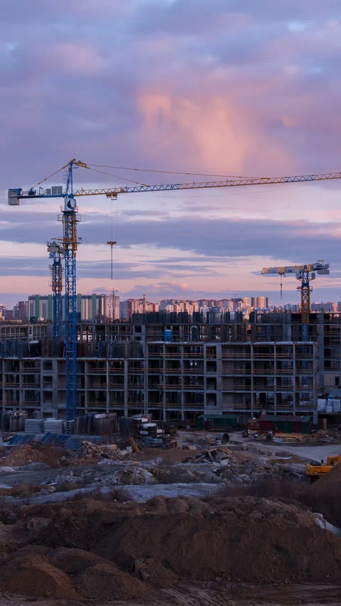 Urban Real Estate Development Timelapse: Construction Site Against Evening Sk Stock Footage 309028063