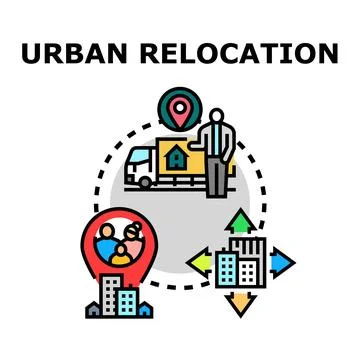 Urban relocation business process migrating family to new home Stock Illustration