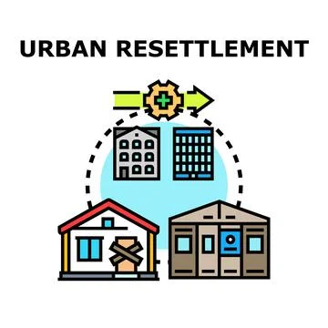 Urban resettlement program relocating people to new homes Stock Illustration