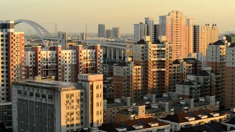 Urban residential complex at sunset Stock Footage 183254154