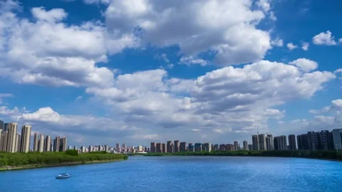 Urban River Scenery Delay River Scenery Room Lake Water Blue Sky White Cloud Stock Footage 273534146