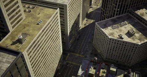 Urban rooftop perspective showcasing busy streets and city architecture Ilustración de archivo