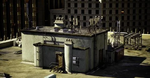 Urban rooftop structure features telecommunications equipment on sunny day Stock Illustration