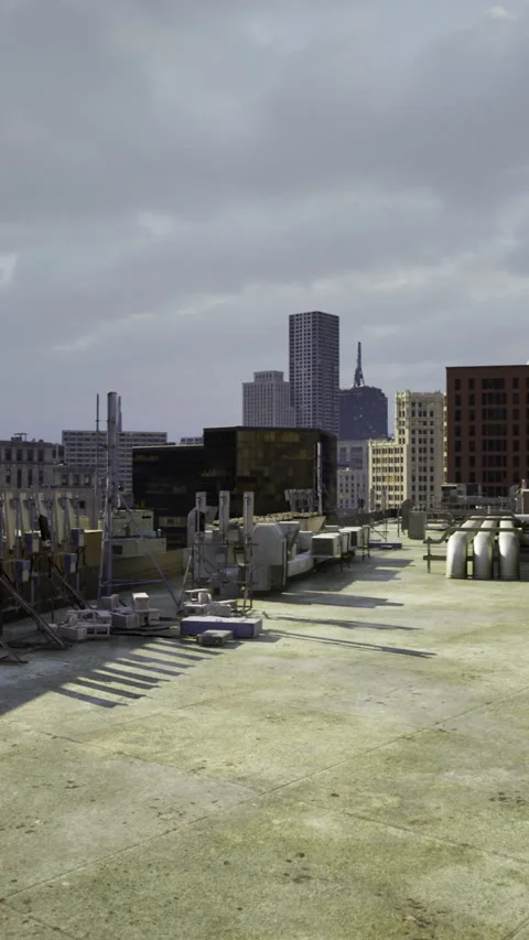Urban rooftop view with industrial elements under cloudy sky Stock Footage 325075486
