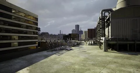 Urban rooftop view with industrial elements under cloudy sky Stock Illustration