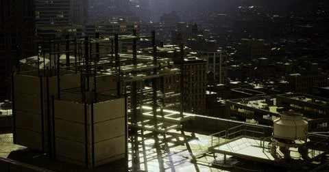 Urban rooftop view showcasing construction in a bustling city at sunrise Stock Illustration