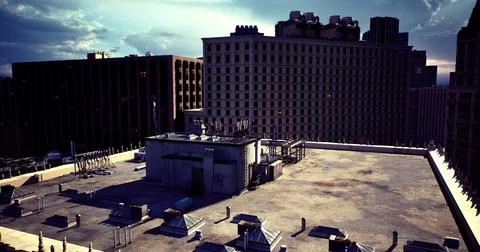 Urban rooftop view showcasing infrastructure and city skyline at sunset 스톡 일러스트