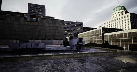 Urban rooftop view showcasing modern architecture against a cloudy sky Stock Illustration