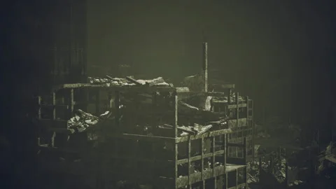 Urban ruins captured in shadows after a disaster struck the city 스톡 동영상 308879730
