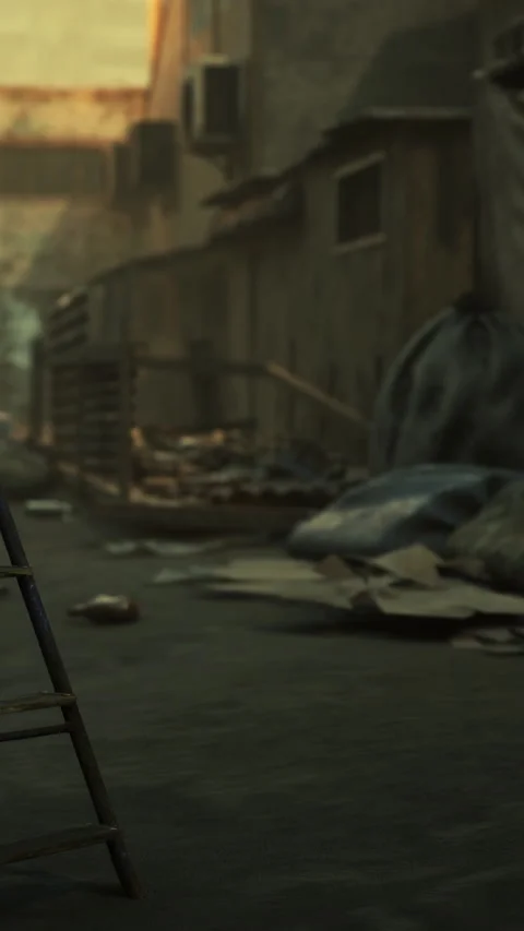 Urban scene with discarded materials and a ladder in a cluttered space Stock-Footage 341028839