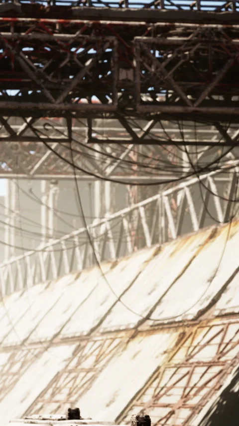 Urban scene featuring industrial structures with cables and beams Stock Footage 336431646