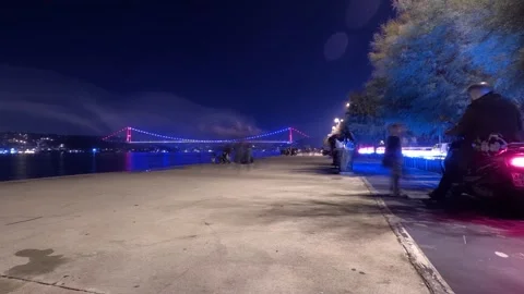 Urban Seafront People And Walking Path Nighttime Background 스톡 동영상 339976571