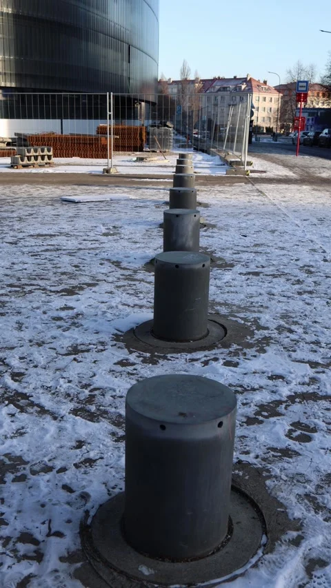 Urban security bollards in winter Stock Footage 326192995