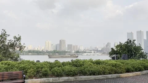 Urban Serenity: Riverfront Skyline View Vídeo Stock 343877004