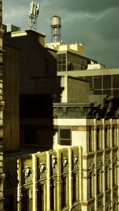 Urban shadows dance on buildings as clouds loom over the city skyline Stock Footage 331695648