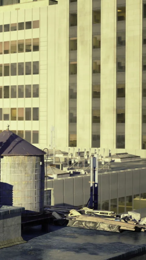 Urban skyline with industrial elements reflecting city life during golden hour Stock Footage 331695670