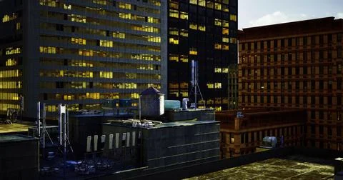 Urban skyline showcasing rooftops and city buildings during sunset Ilustración de archivo