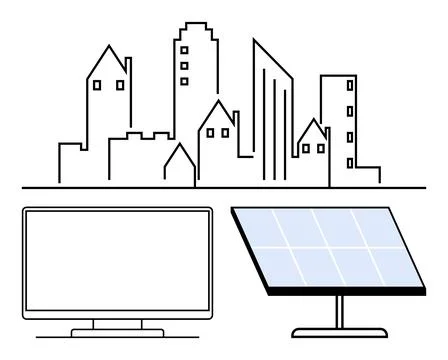 Urban skyline with solar panel and computer monitor representing modern tec.. Stock Illustration