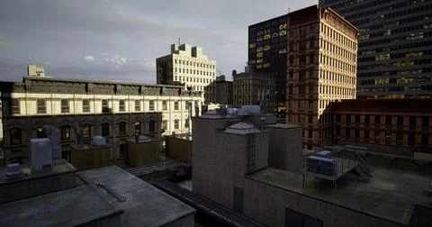 Urban skyline view at dusk featuring buildings and rooftops Ilustración de archivo