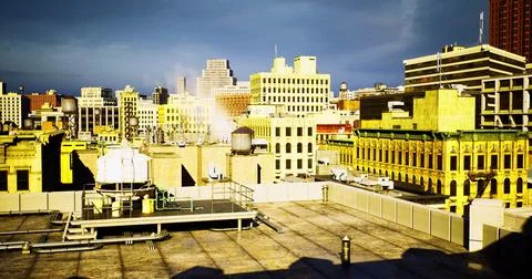 Urban skyline view showcasing rooftops and buildings during daylight hours Stock Illustration