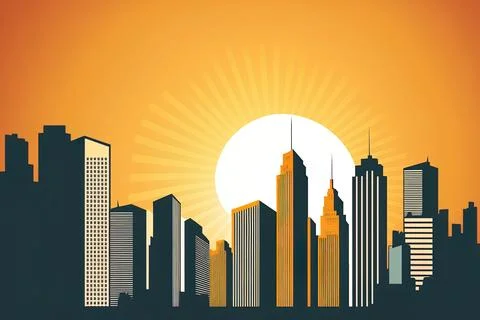 Urban skyscrapers and a large metropolitan skyline form a sun cartoon style Stock Illustration