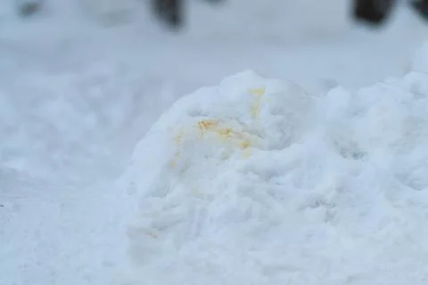 Urban snow patch showing subtle signs of pollution and neglect, Granular snow fe Stock Photos