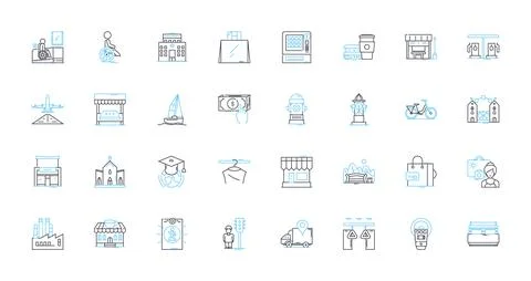 Urban space linear icons set. Gritty, Vibrant, Cosmopolitan, Edgy, Concrete Stock Illustration