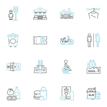 Urban space linear icons set. Gritty, Vibrant, Cosmopolitan, Edgy, Concrete Stock Illustration