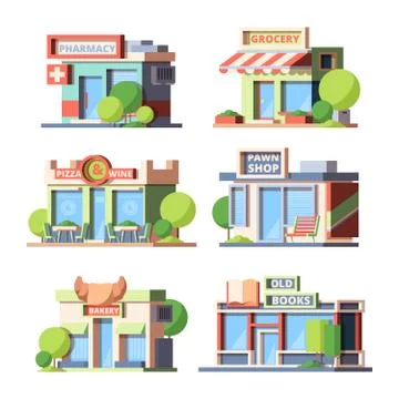 Urban stores colorful flat vector illustrations set Stock Illustration