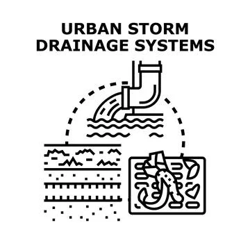 Urban storm drainage systems managing water flow Stock Illustration