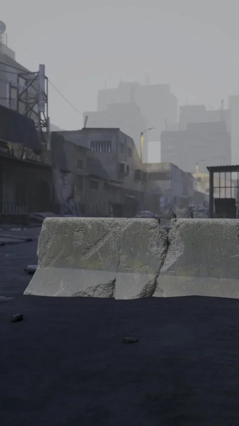 Urban street in disarray shows abandoned buildings and debris at dusk Stock Footage 309759210