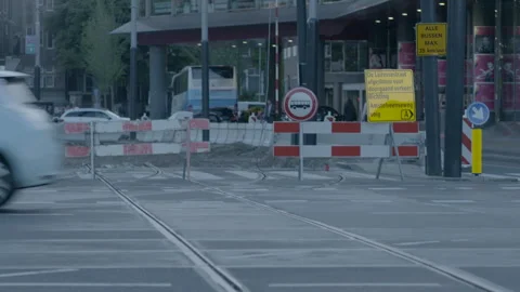 Urban Street Intersection with Tram and Road Construction 스톡 동영상 343987266