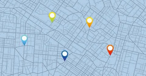 Urban street plan background with multiple colored navigation pins. Vector Stock Illustration