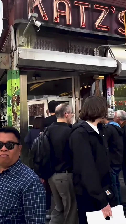 Urban Street Queue Outside Katz Deli Store USA Vertical 4K Stock Footage 334936401