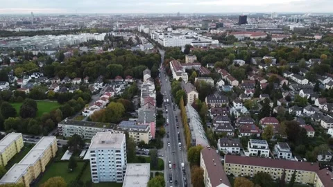 Urban streets in Munich, seen from aerial drone view Stock Footage