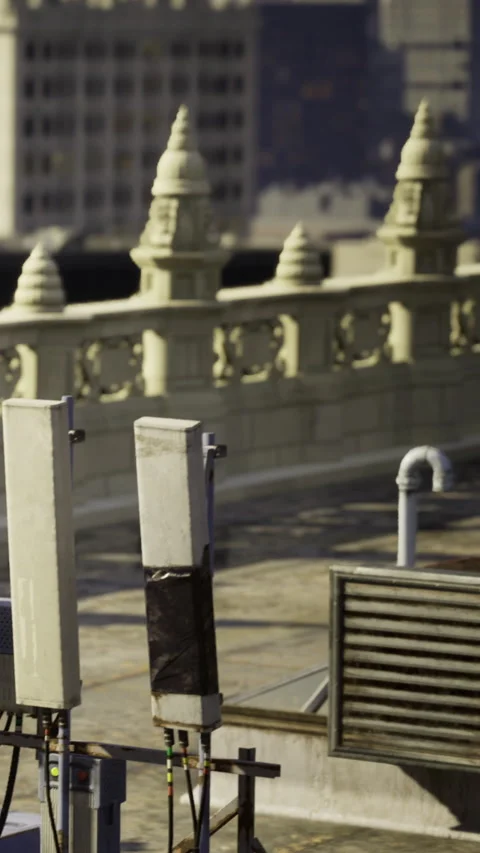Urban technology shines on rooftops under the golden morning light Stock Footage 331695589