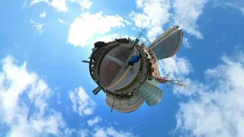 Urban tiny planet.  360 degree, on vehicle, bike shot in beautiful sunny day Stock Footage 153988320