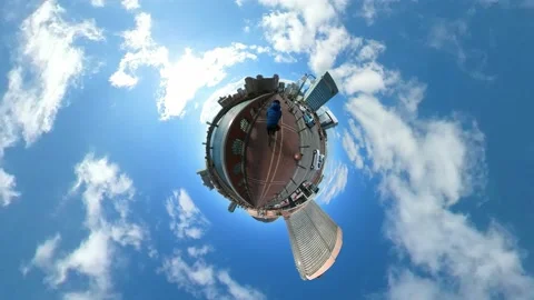 Urban tiny planet.  360 degree, on vehicle, bike shot in beautiful sunny day Stock Footage 154340655
