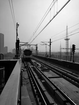 Urban Train on Elevated Track in Black and White Stock Photos