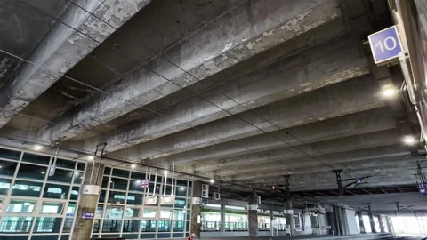 Urban Train Station Platform Infrastructure with Signage Stock Footage 267614313